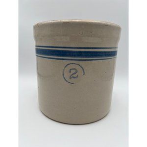 VTG Antique Primitive 2 Gallon Stoneware Crock With Blue Bands